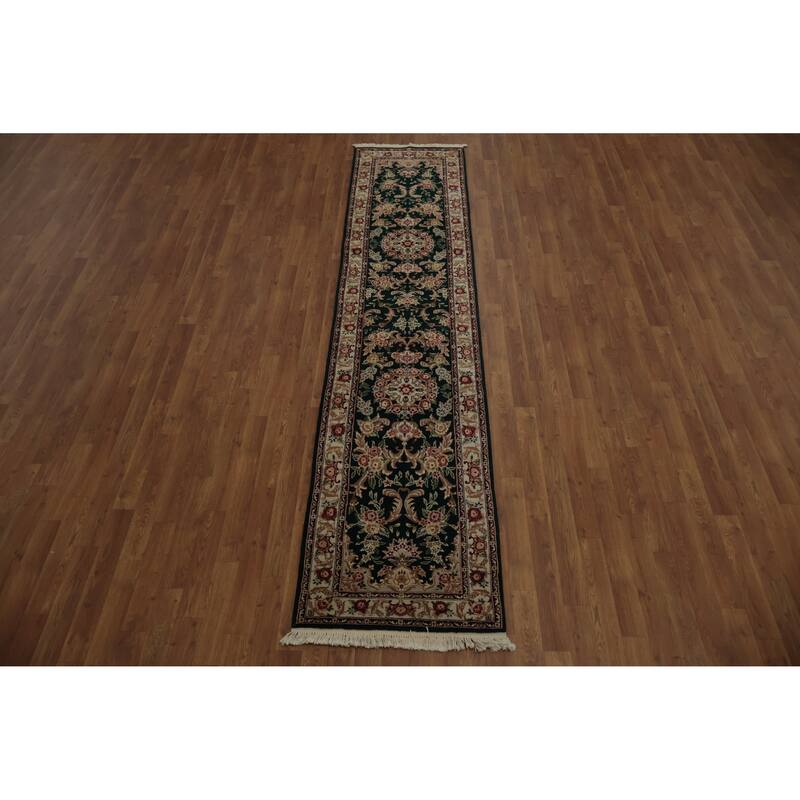 Hand Knotted Oriental Wool & Silk Carpet Traditional Floral Green Kashan Runner Rug - 10' 1'' X 2' 3''