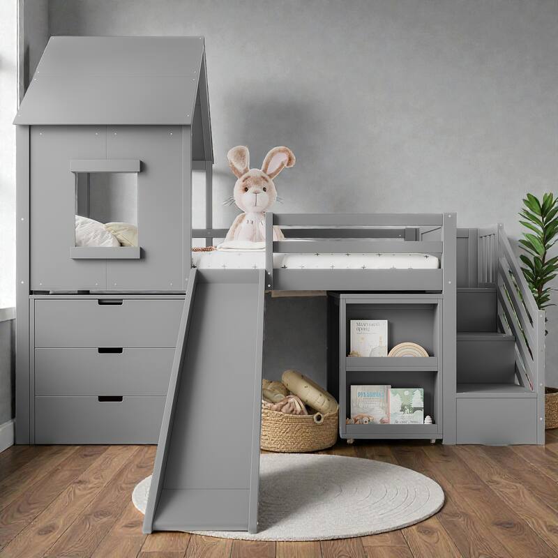 Twin House Loft Bed with Slide and Stairs, Storage Cabinets and Removable Desk, Kids Space Saving Loft Bed - Grey - Twin