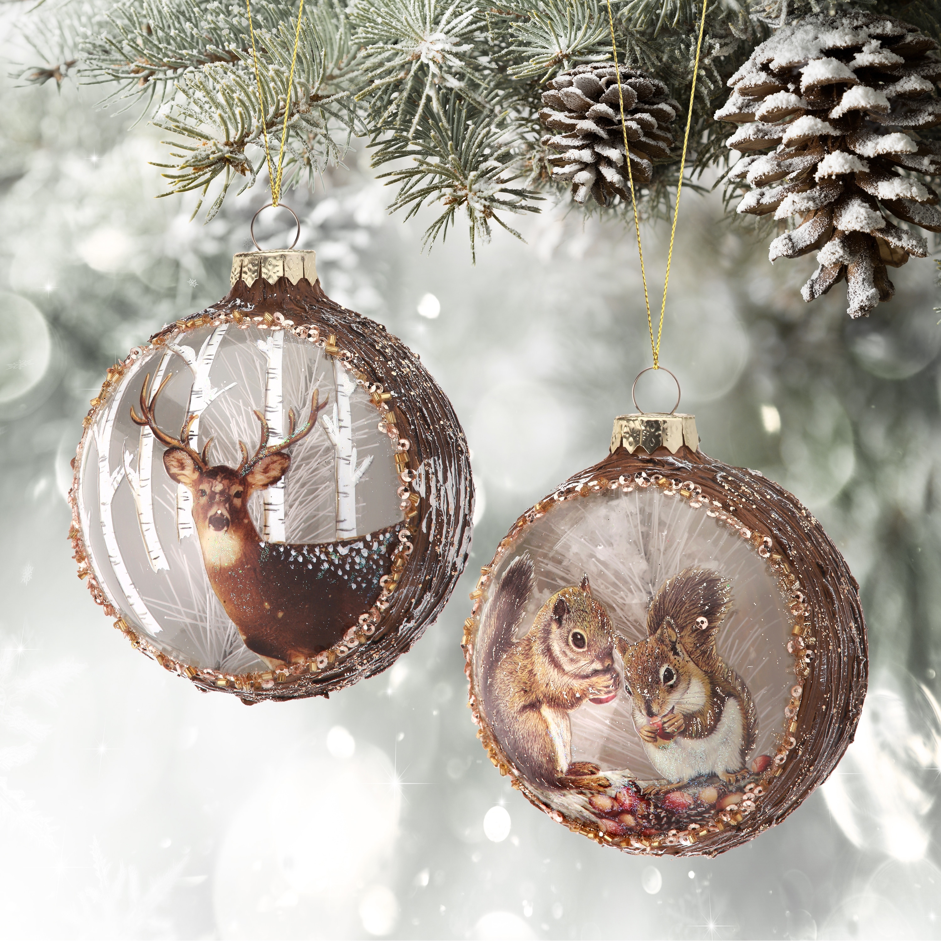 4" Glass Deer Squirel Scene Ball Ornament Set of 6