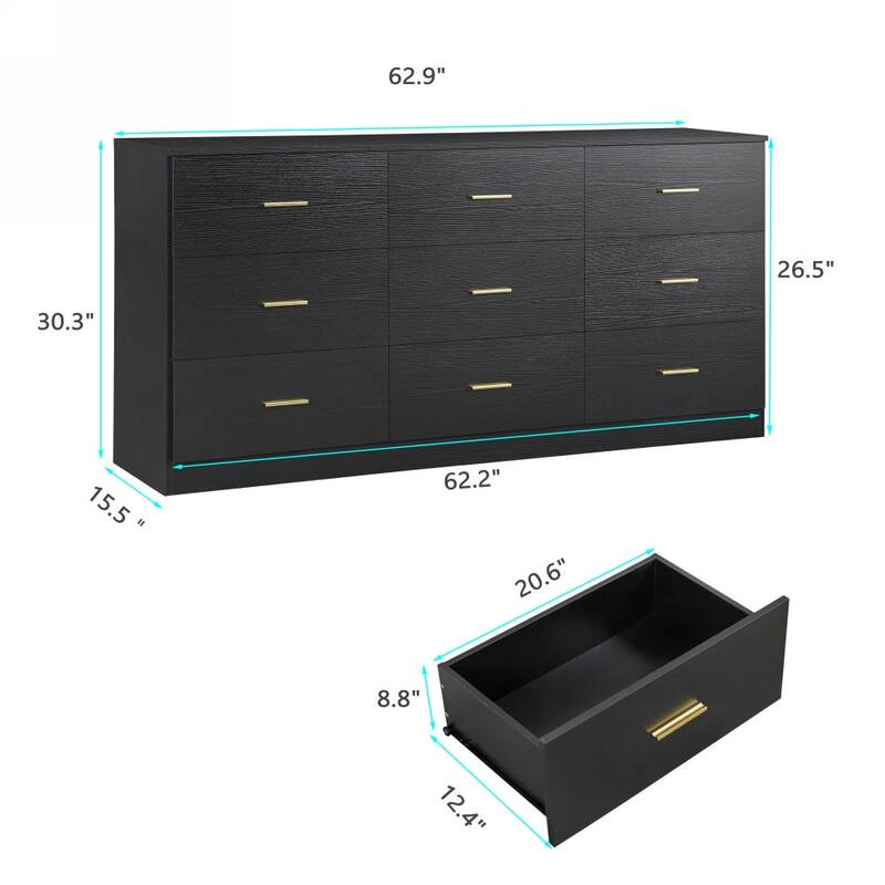 Modern Minimalist 9-Drawer Dressing Table, Entryway Table with Gold Handles and Waterproof Design, for Bedroom, Black
