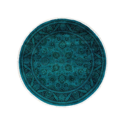 Overton Hand Knotted Wool Vintage Inspired Modern Contemporary Overdyed Blue Round Area Rug - 5' 1" x 5' 1"