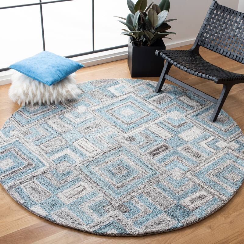 SAFAVIEH Handmade Abstract Elodia Diamond Wool Rug - 6' Round - Grey/Turquoise