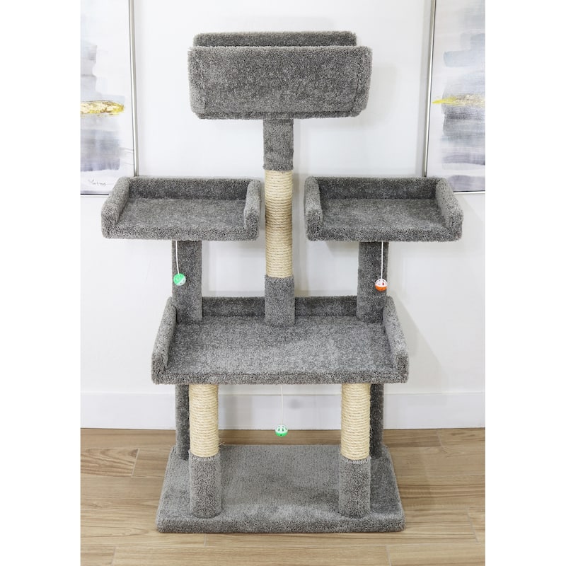 56" Extra Large Multi-Level Cat Tree with Spacious Perches, Raised Edges and Sisal Rope Posts for Big Indoor Cats