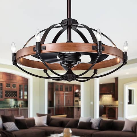 Gredis Black/Wood Finish Metal 6-light 30-inch Ceiling Fan Chandelier