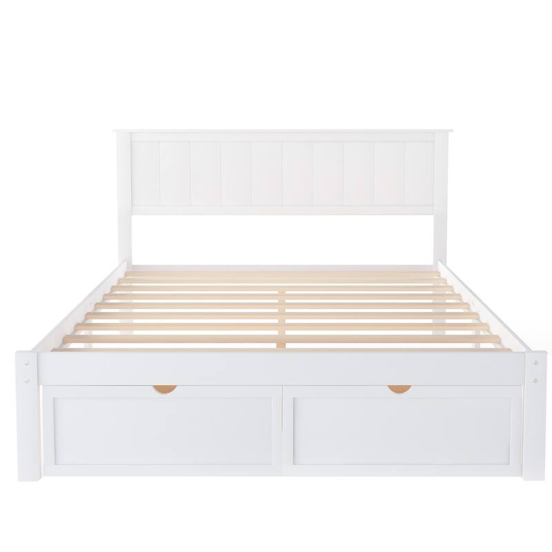 Full Wood Platform Bed with Under-Bed Drawer Storage, No Box Spring Needed