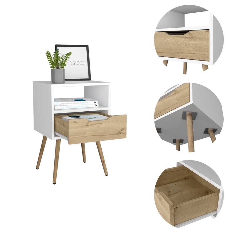 Modern Nightstand with Drawer and Open Shelf, Light Oak Finish, Space-Saving Design