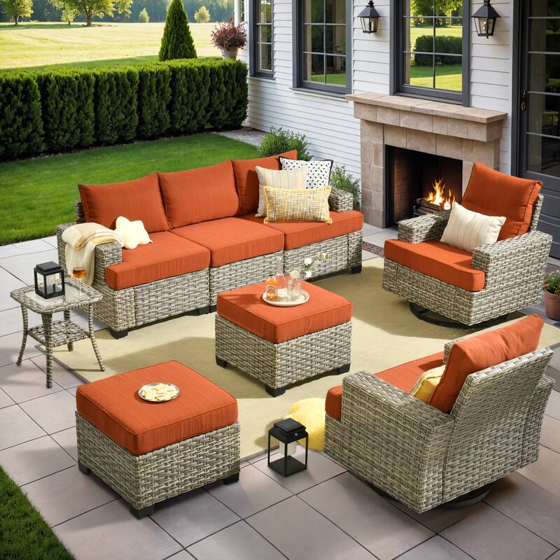XIZZI 8-piece Wicker Patio Furniture Set with Swivel Chairs - Red/Orange