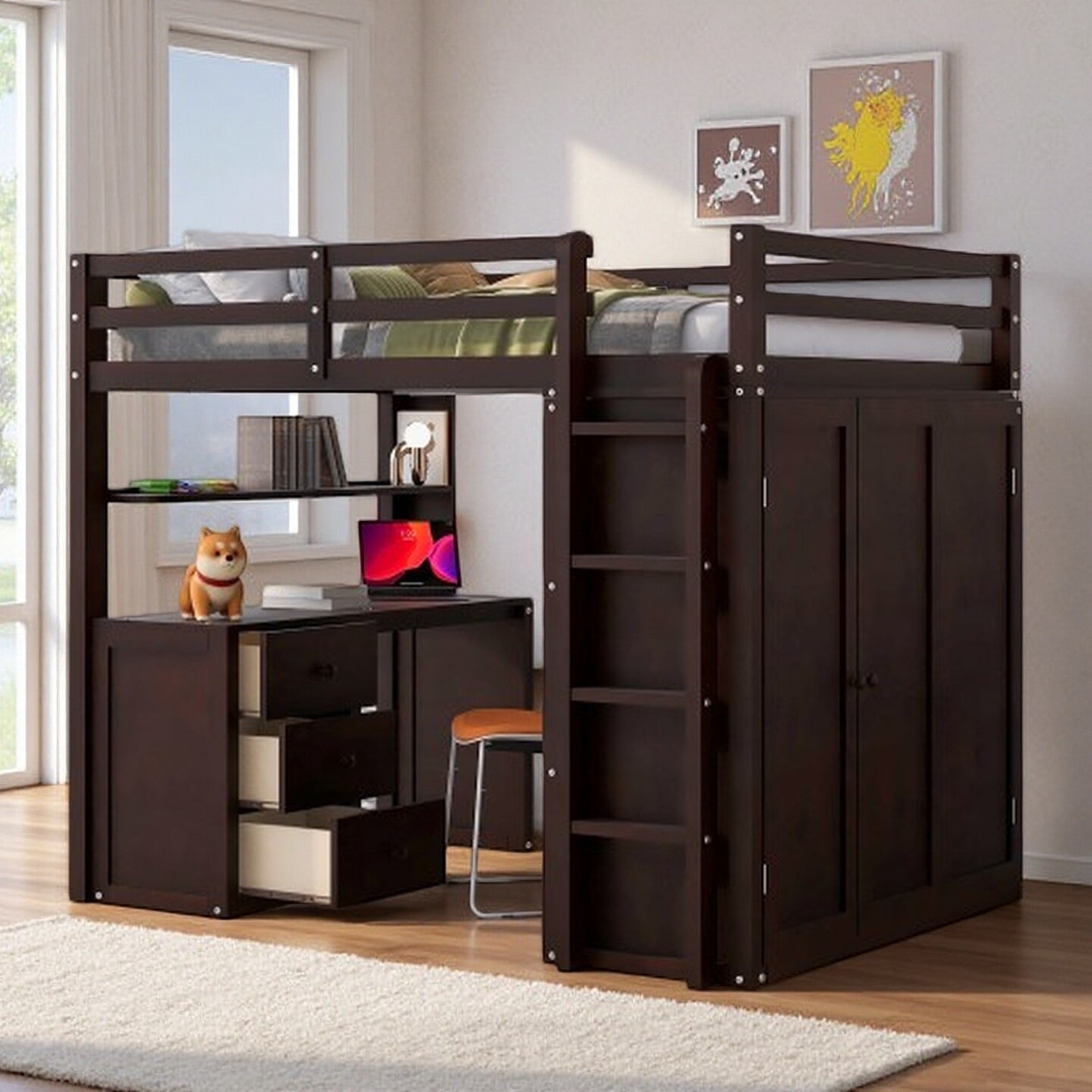 Full Loft Bed with Built-In Desk, Drawers, and Wardrobe, Pine Wood Frame with Guardrails