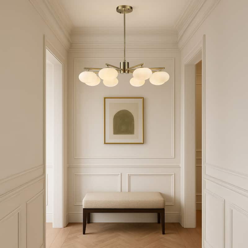 8-Light 32'' Mid Century Modern Opal Glass Chandelier Classic Globe Pendant Light For Dining Room Living Room - W32'' - Antiqued Brass