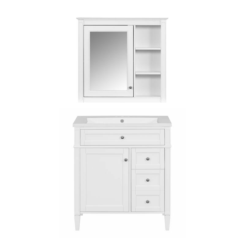 GDFStudio - Montvale Modern Freestanding Bathroom Vanity Set with Mirror Cabinet, Resin Sink & a Tip-out Drawer - 30'W