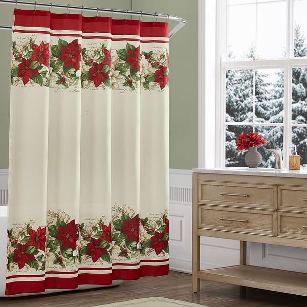 slide 2 of 3, Red & White Poinsettia Holiday Shower Curtain - 70x72 70"x72"