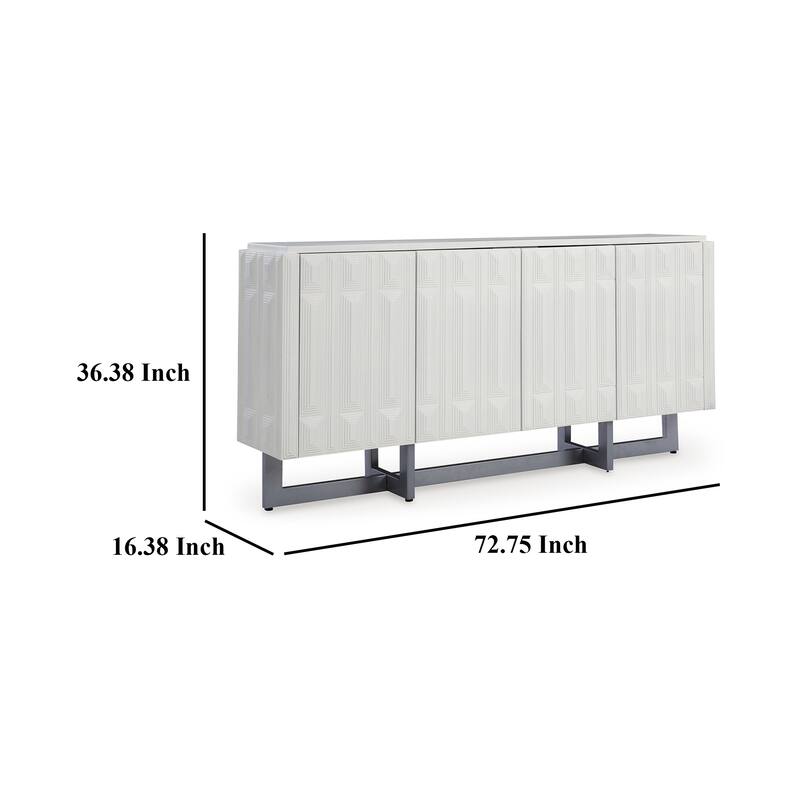 Sideboard Cabinet Console, Geometric Pattern 4 Doors, White 73 Inch