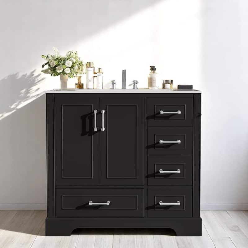 36 Inch Bathroom Vanity with Sink, Freestanding Cabinet with Gold Handles, Soft-Close Doors & Drawers - Black
