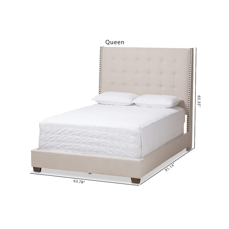 King Size Bed Frame Upholstered Beige Boho Headboard Nailhead Tufted Bed