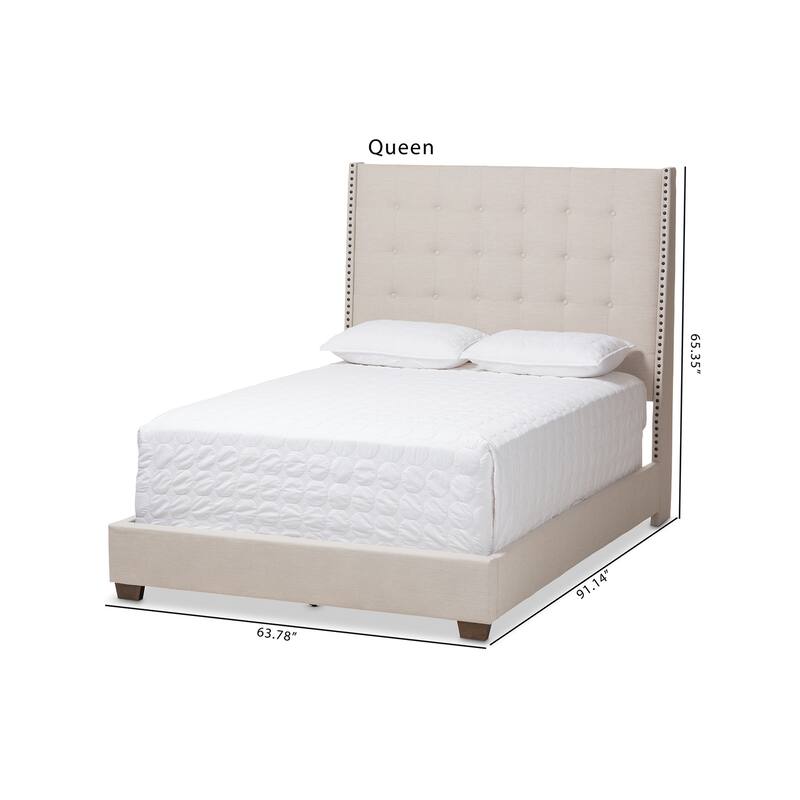 Light Beige Upholstered Bed - Tall Button-Tufted Headboard - Fabric Bed Frame - 63"W x 78"W