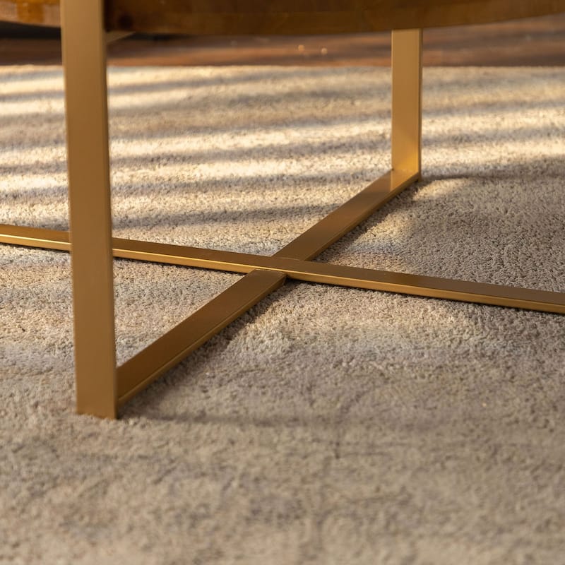 33.86" Modern Round Coffee Table Metal & Wood Splicing Round Coffee Table,Fir Wood Table Top With Gold Cross Legs Base