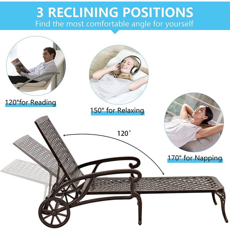 HOMEFUN Aluminum Outdoor Waterproof Chaise Lounge Chair with Adjustable Backrest and Wheels