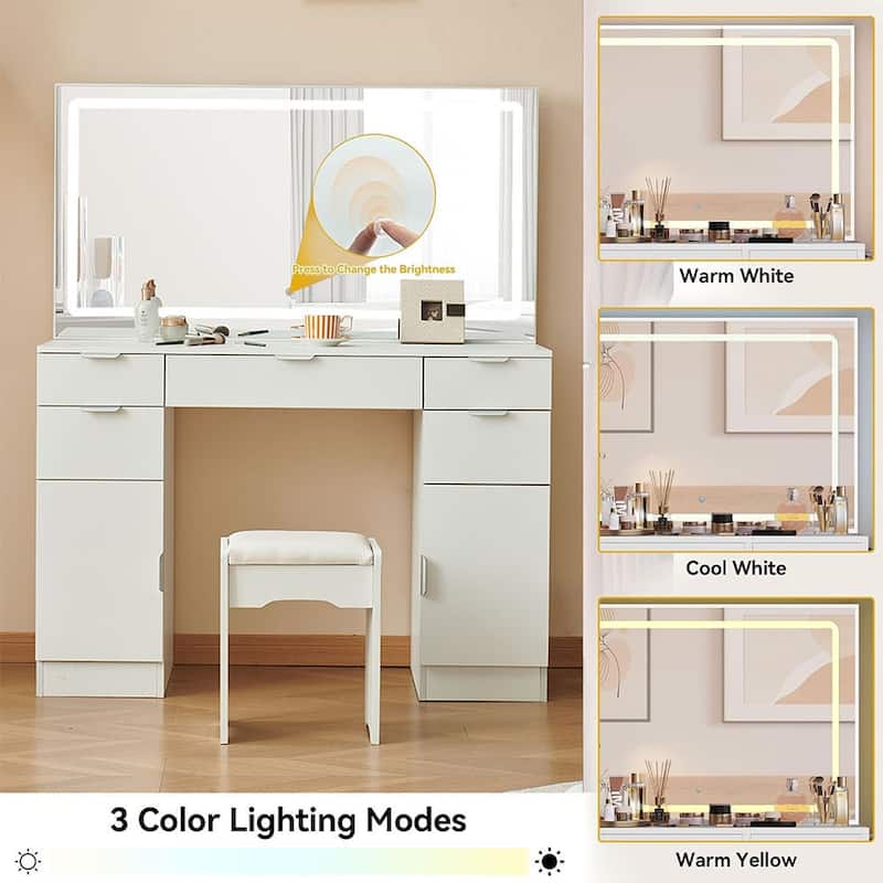 White Makeup Dressing Table with Adjustable Lighting LED Mirror and 5 Drawers for Bedroom - 15.8”D x 46.1"W x 56.1"H