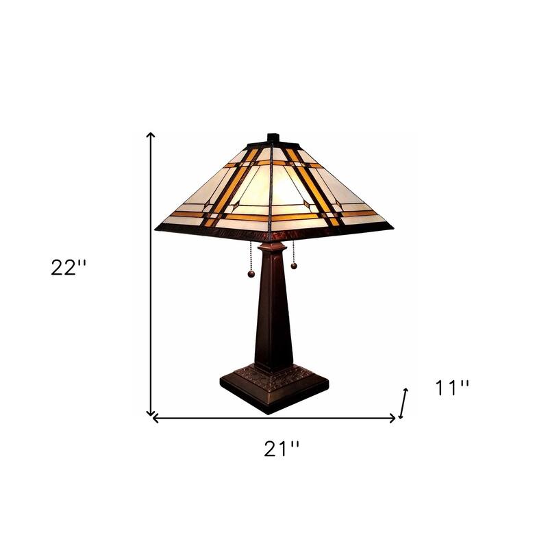 HomeRoots 23" White Amber and Brown Stained Glass Two Light Mission Style Table Lamp - 21 x 22 x 11
