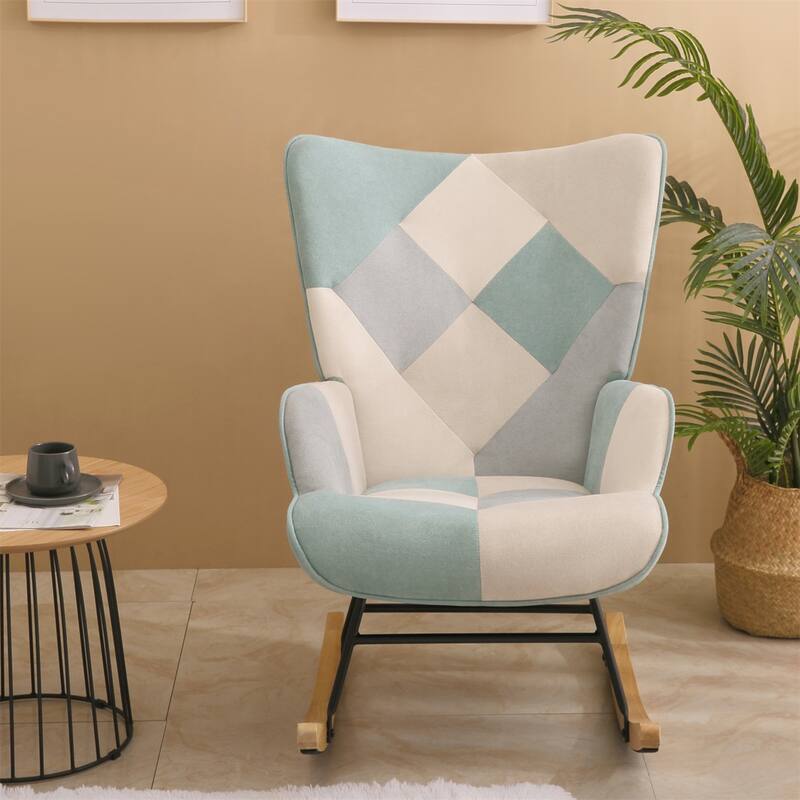 Modern Living Room Patchwork Linen Fabric Rocking Chair with Wood Legs