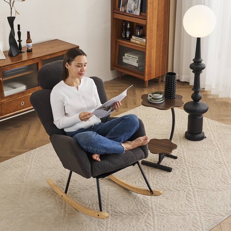 Comfortable Teddy Fabric Upholstered Rocking Chair with High Backrest and Pillows for Indoor Use