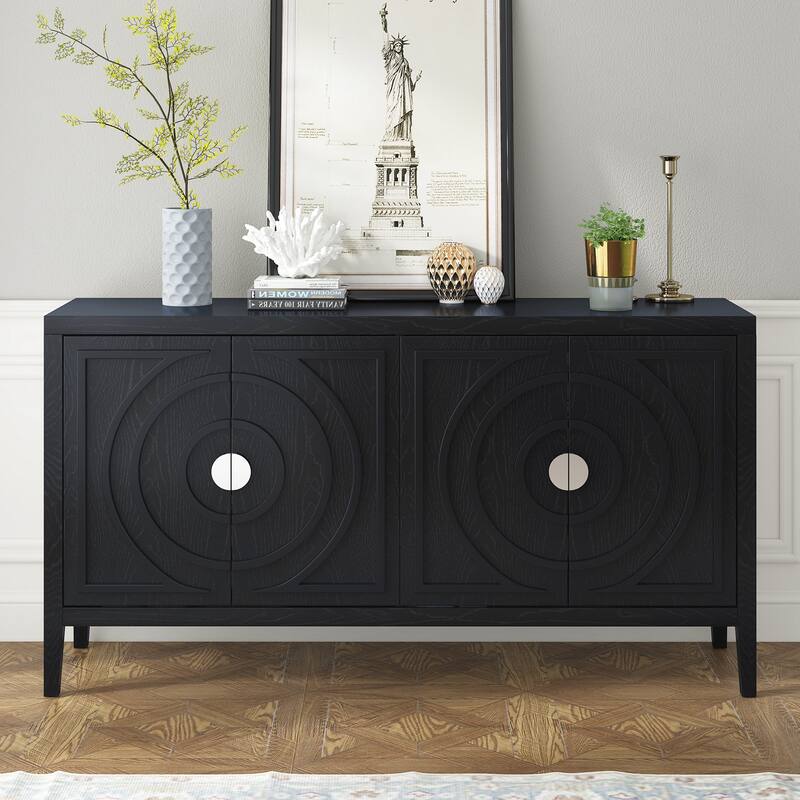 Retro Sideboard door with Circular Groove Design Round Metal Door Handle for Entrance, Dinning Room, Living Room - Black