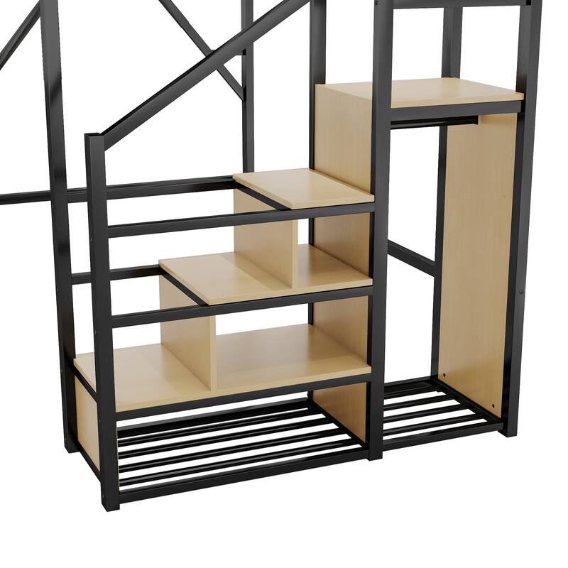 Metal Loft Bed with Storage Stairs Upper Storage Shelves and Wardrobe, Metal Structure Bed Optional Desk Charging Station
