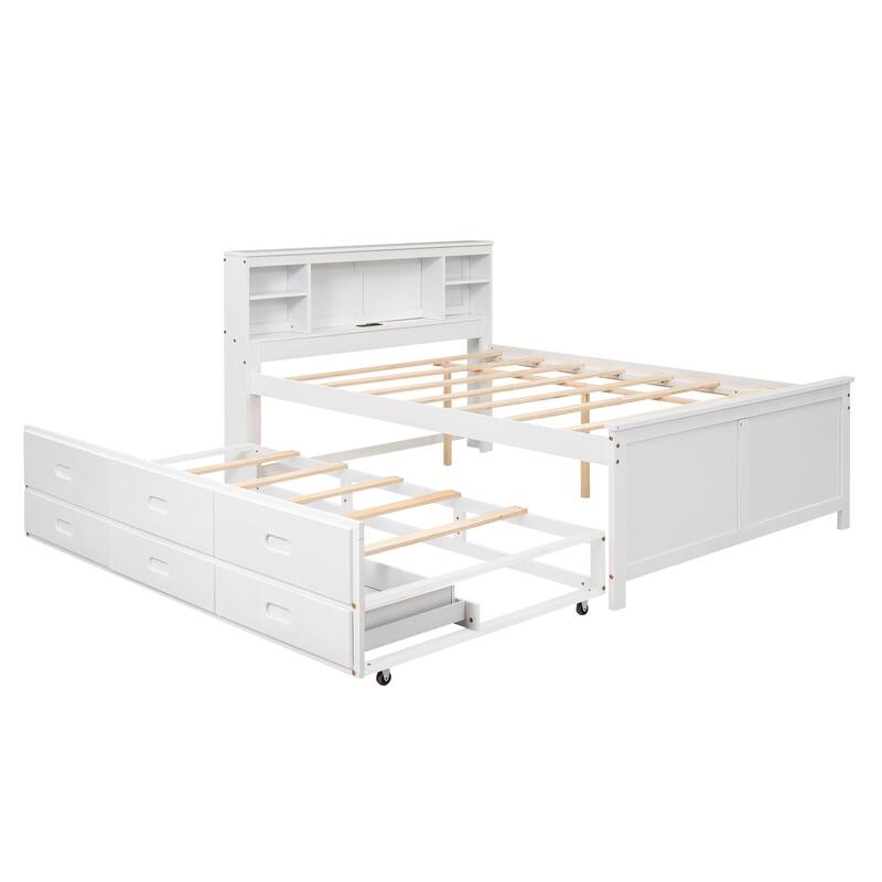 Twin & Full Size Platform Bed with Storage Headboard, USB, Twin Size Trundle and 3 Drawers
