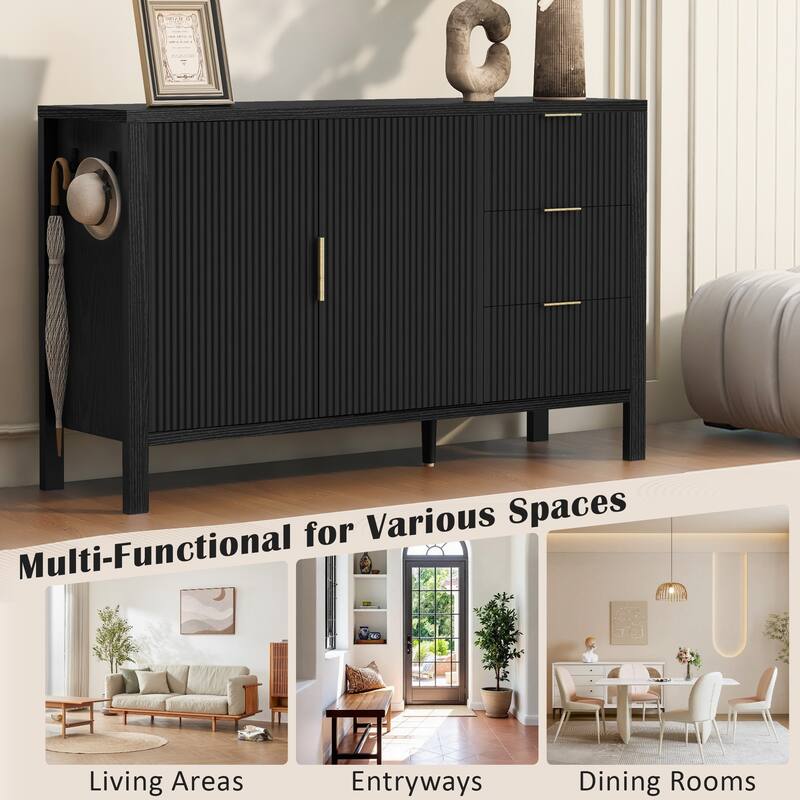 Modern Wave-Pattern Sideboard Large Storage Buffet Cabinet with 3 Drawers and Hooks, for Living Room Entryway, Hallway, Black