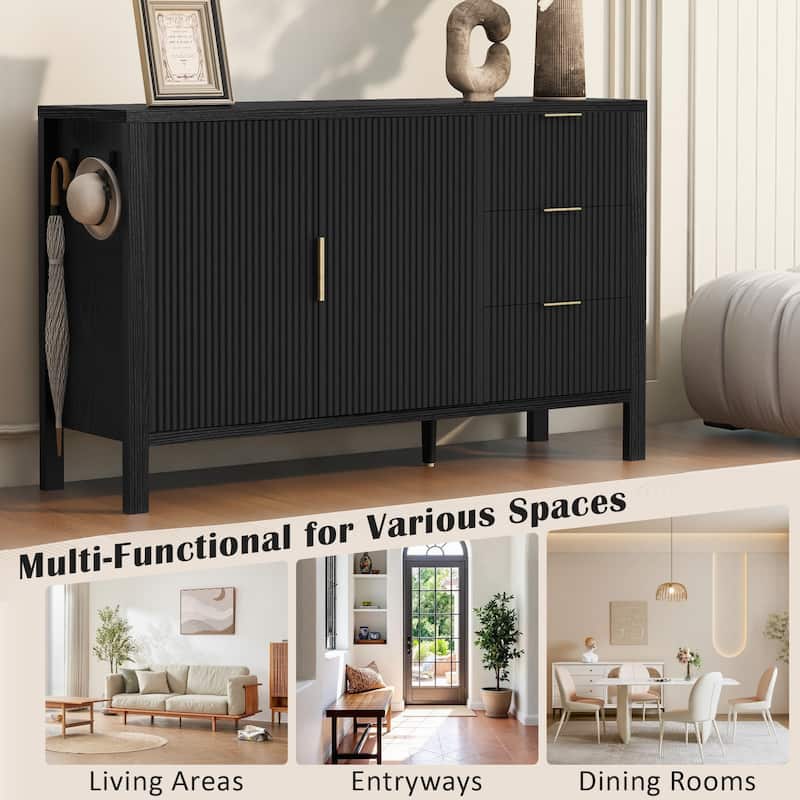 Modern Wave-Pattern Sideboard with 3 Drawers, Large Storage Buffet Cabinet with Hooks and Extra Center Leg, for Living Room