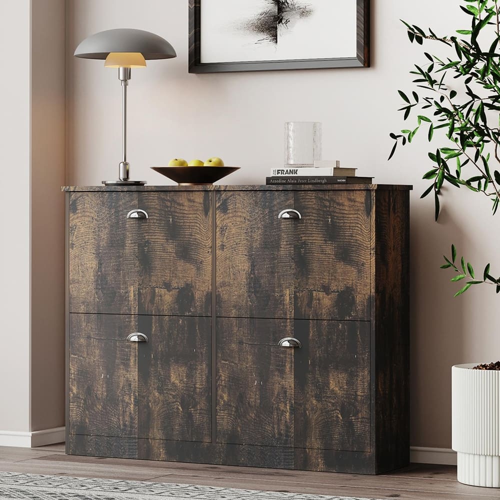 24 Pair Shoe Storage Cabinet w/4 Flip-top Drawers and Adjustable Shelves - 4-Tier