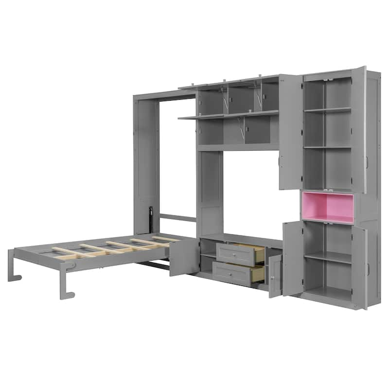 Twin Size Wooden Murphy Bed with TV Stand, Flip-Up Cabinets & Vibrant Accent Storage by Harper&Bright Designs