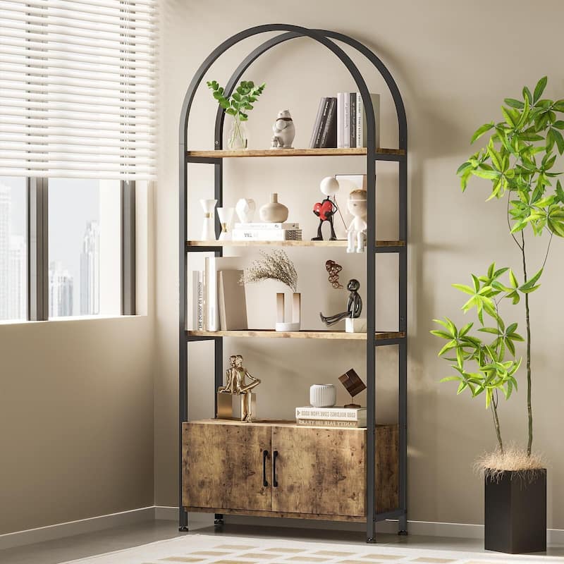 71.5 Inch Open Bookshelf with 2 Doors and 4 Shelves, Tall Standing Bookshelves Metal Frame Storage - Brown