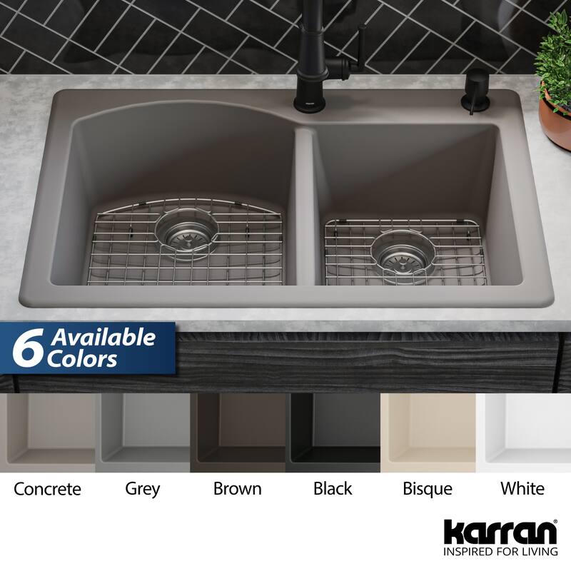 Karran Drop-In Quartz 33 in. 1-Hole 60/40 Double Bowl Kitchen Sink Kit