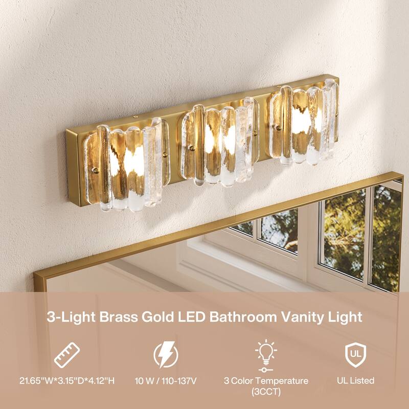 3-Light LED Bathroom Vanity Light with Rippled Glass Shade