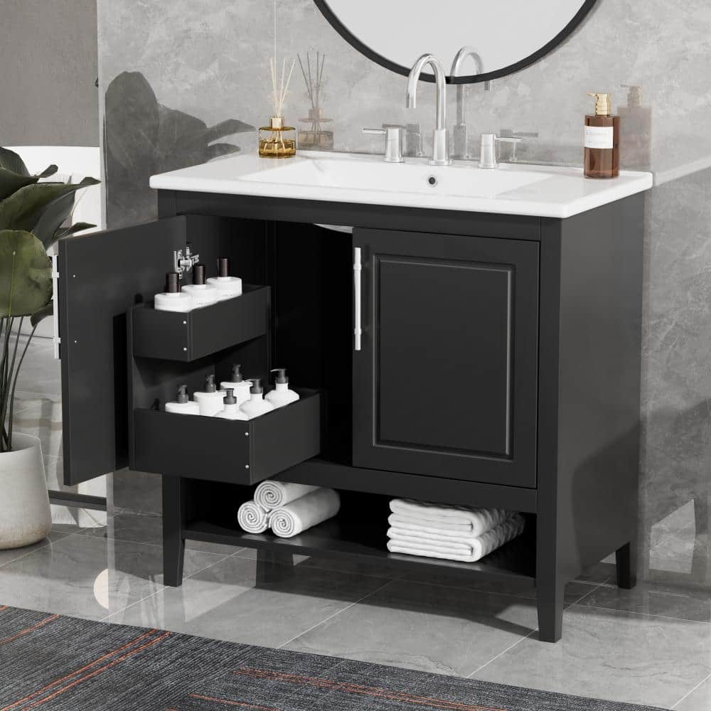 36" Black MDF Bathroom Vanity with Sink and Drawers