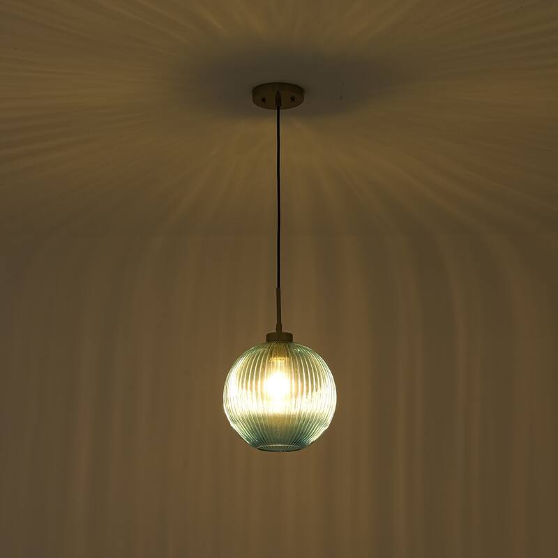 1-Light 9.8" W Mid-century Modern Metal Hanging Pendant Light with Blue Ribbed Glass Globe Shade for Kitchen Island, Dining Room