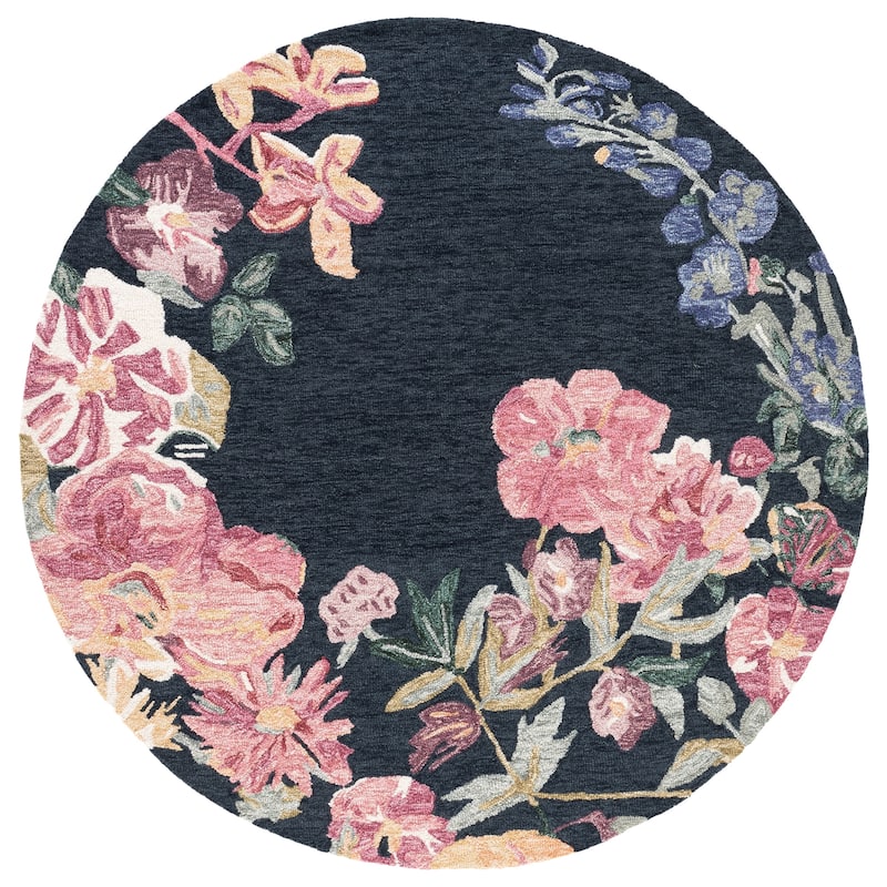 SAFAVIEH Handmade Jardin Felismina Floral Wool Rug - 6' Round - Navy/Pink