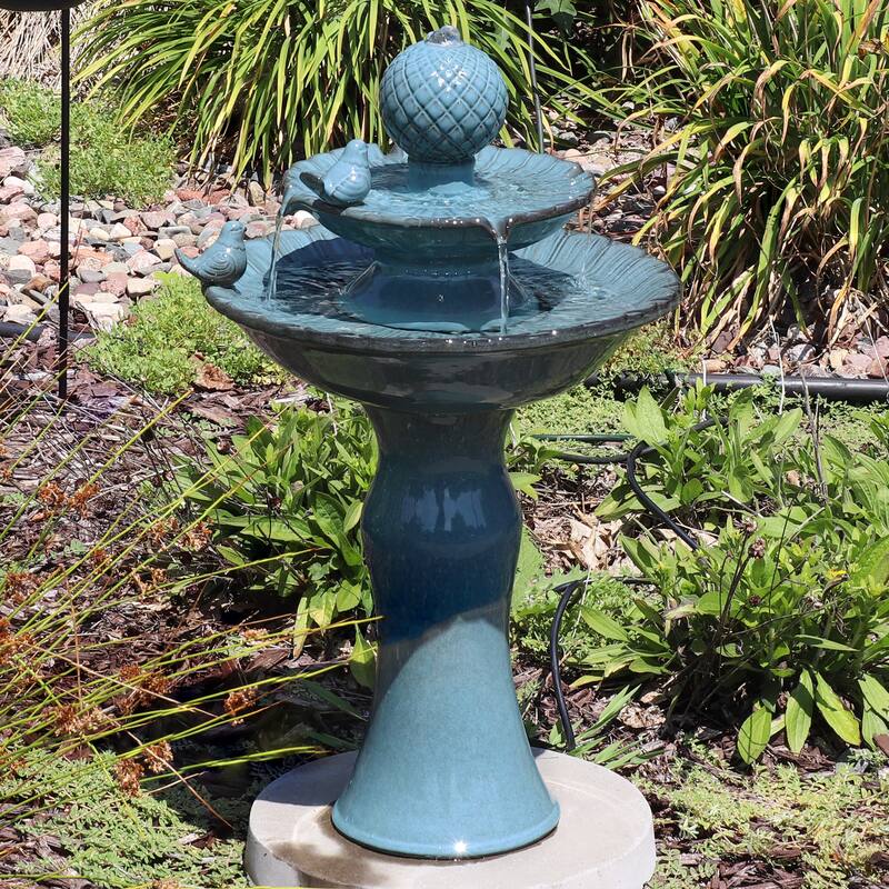 Sunnydaze 2-Tier Resting Birds Ceramic Outdoor Water Fountain - 27" - Blue