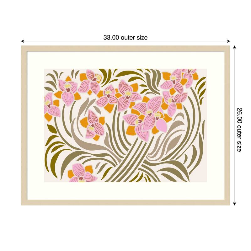 Orange and Pink Floral Pattern by Annick Wood Framed Wall Art Print - Brown