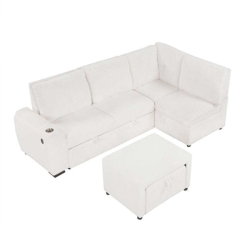 94" Creamy White Corduroy Sectional Pull-out Sofa Bed with Ottoman, Stool, Storage, Cup Holder & USB Ports