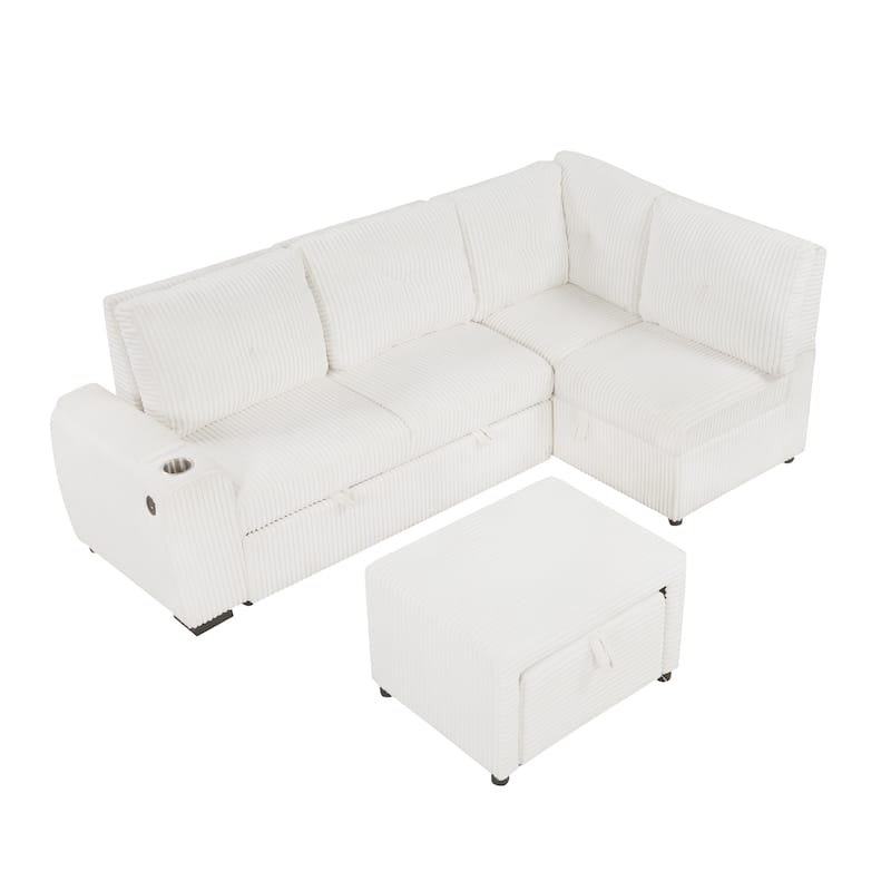 94" Pull-Out L-Shaped Sectional Sofa with Movable Ottoman,Stool,Cup Holder and Two USB Ports