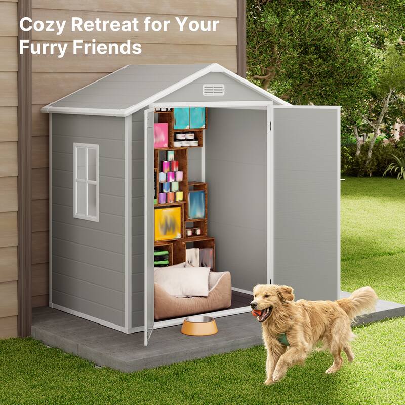 Durable Resin Outdoor Storage Shed with Floor, with Windows and Lockable Double Doors