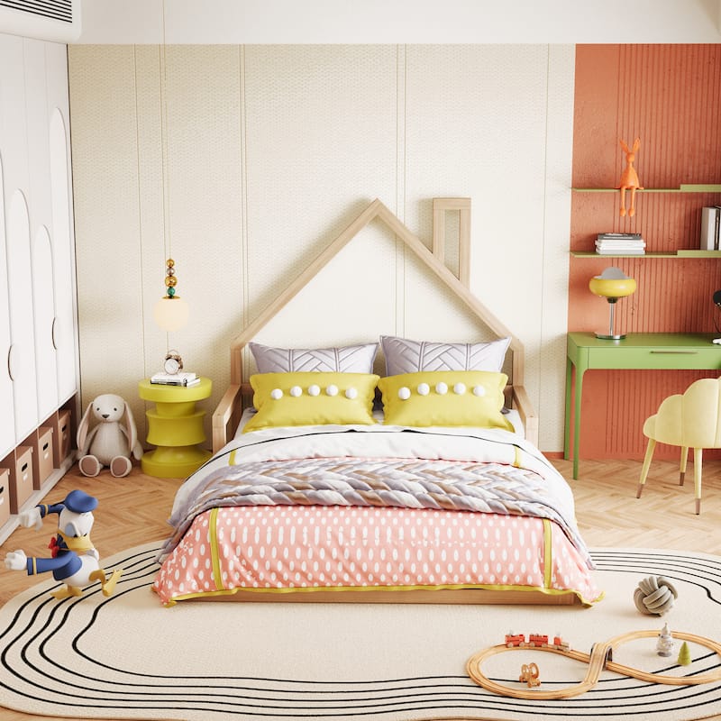 Full Size Wood Floor Bed with House-shaped Headboard - Natural