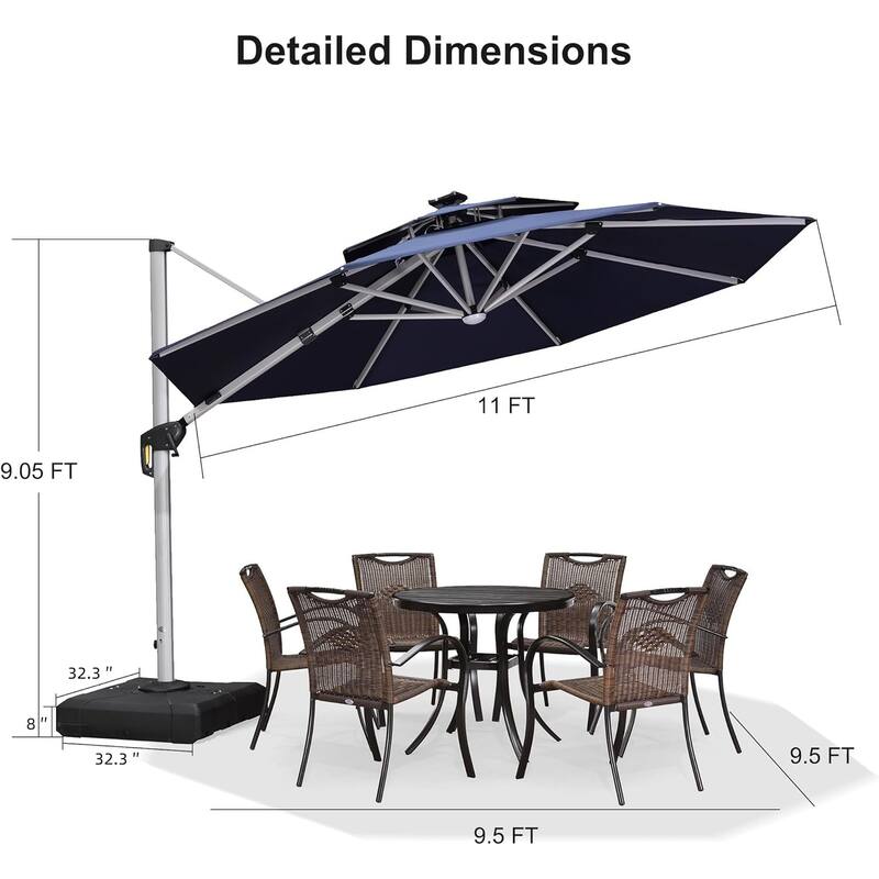 PURPLE LEAF 11 ft Double Top LED Round Patio Cantilever Umbrella with Base