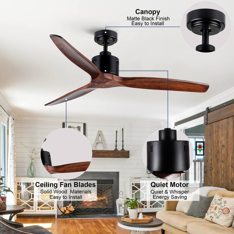 YUHAO SylvanAir Modern 52 in. Flush Mount Outdoor/Indoor Ceiling Fan with 3 Solid Wood Blades and DC Reversible Motor