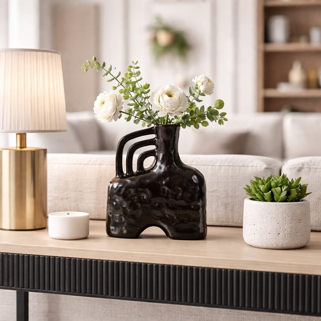 Decorative Vase - Black Ceramic Abstract Triple Handle, 12in