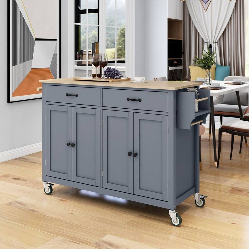 Kitchen Island Cart with Solid Wood Top, 4 Door Cabinet, 2 Drawers, Spice & Towel Rack, Locking Wheels, 54.3" - White