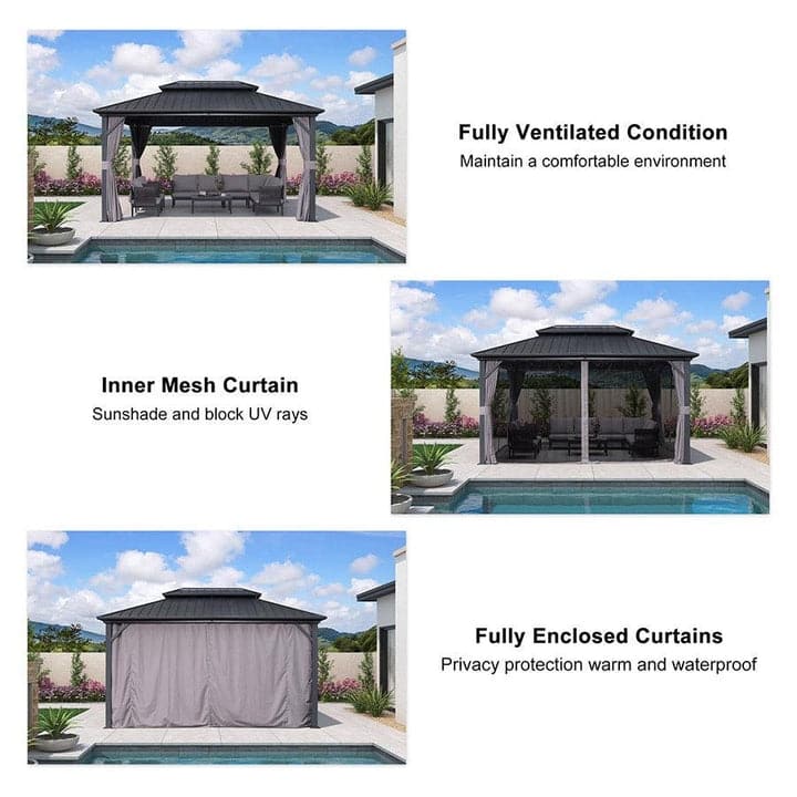 PURPLE LEAF Outdoor Galvanized Steel Hardtop Gazebo, Aluminum Frame Gazebo With Curtains