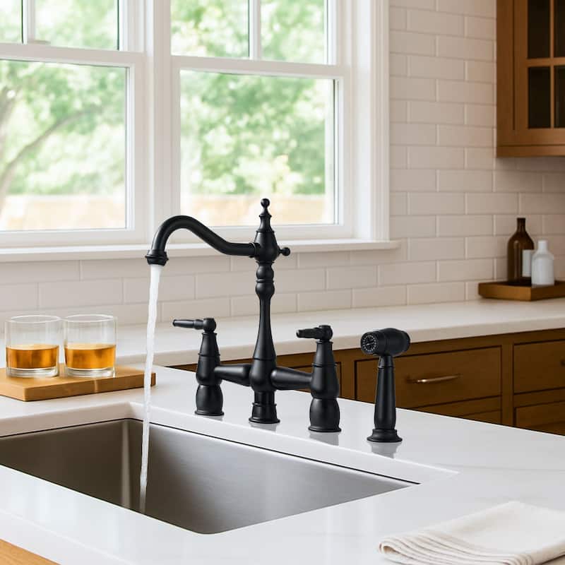 WOWOW 4 Hole Double Handle Bridge Kitchen Faucet with Side Sprayer